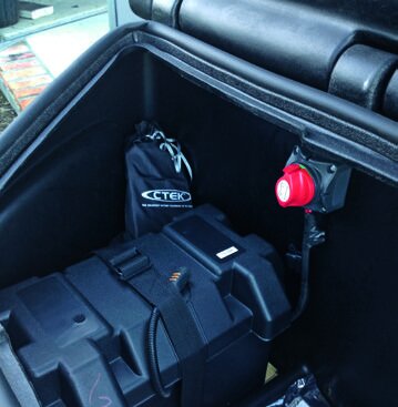 Deep-cycle battery in storage box will provide up to 15 days’ power for LED lights, fridge fan, sink pump, USB ports for tablets etc