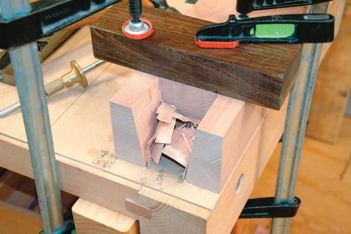 Cleaning out waste, Note paring block to ensure squareness