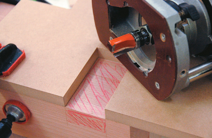 Template in place. Note bearing on shank of router bit