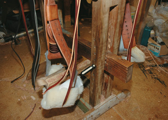 Placing a bar through the stirrups to set the twist in the leathers