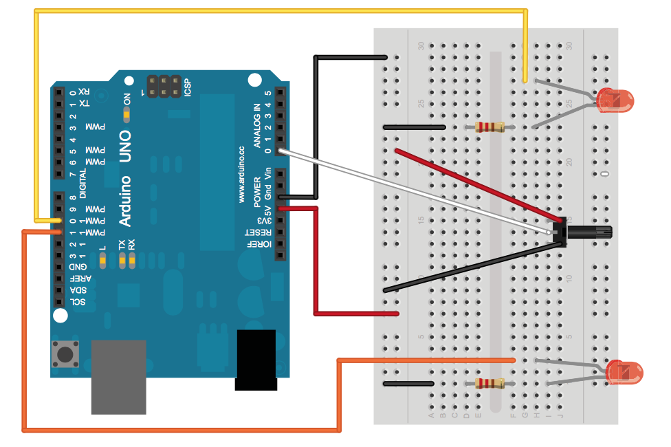 Wiring layout for the pot PWM sketch. This was made with Fritzing software which can be downloaded at www.fritzing.org