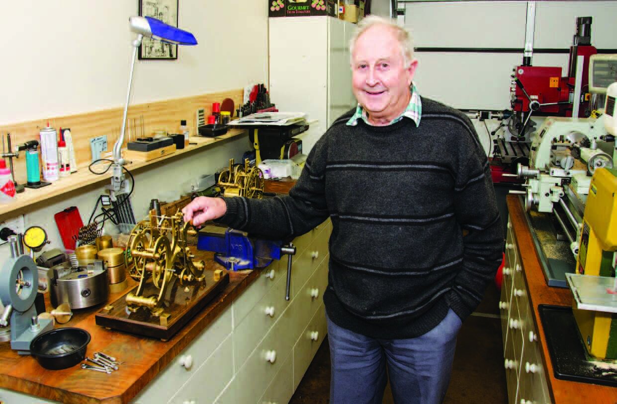 Brian Wiffin in his current workshop with his newfound passion—clocks